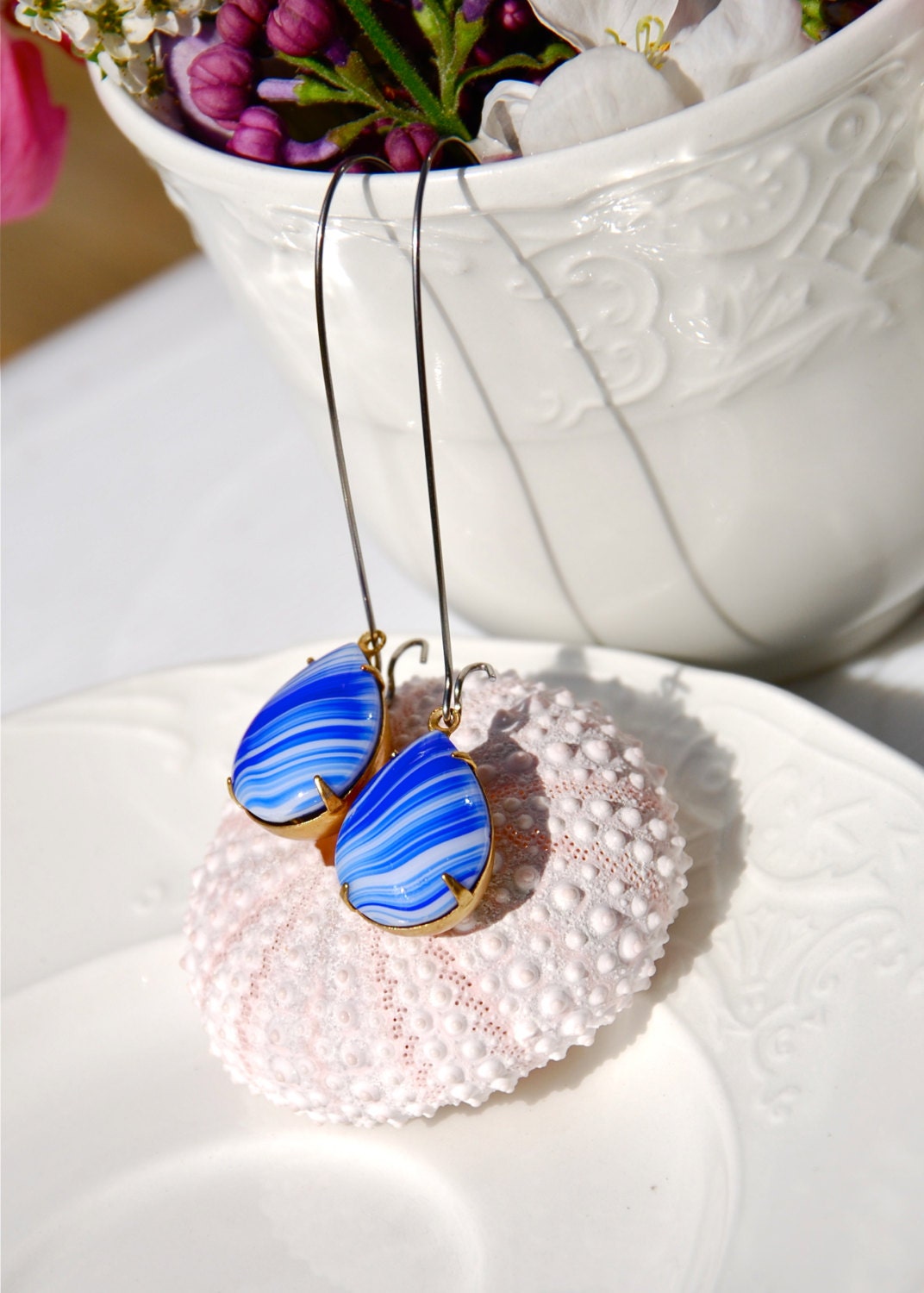 Royal Blue Teardrop Earrings, Boho Chic Long Cobalt Blue & White Kidney Wire Drops