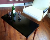 Danish Modern Design MID CENTURY MODERN Table Black Coffee Table with Gloss Laminate Top and Walnut Wood Tapered Legs Mid Mod