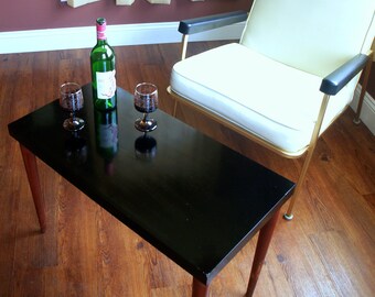 Danish Modern Design MID CENTURY MODERN Table Black Coffee Table with Gloss Laminate Top and Walnut Wood Tapered Legs Mid Mod