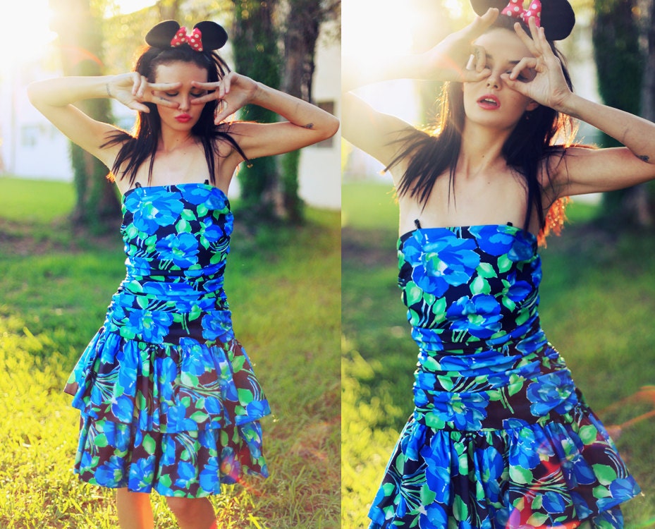 Vintage 1980s Blue Ruffles Floral Spring Dress