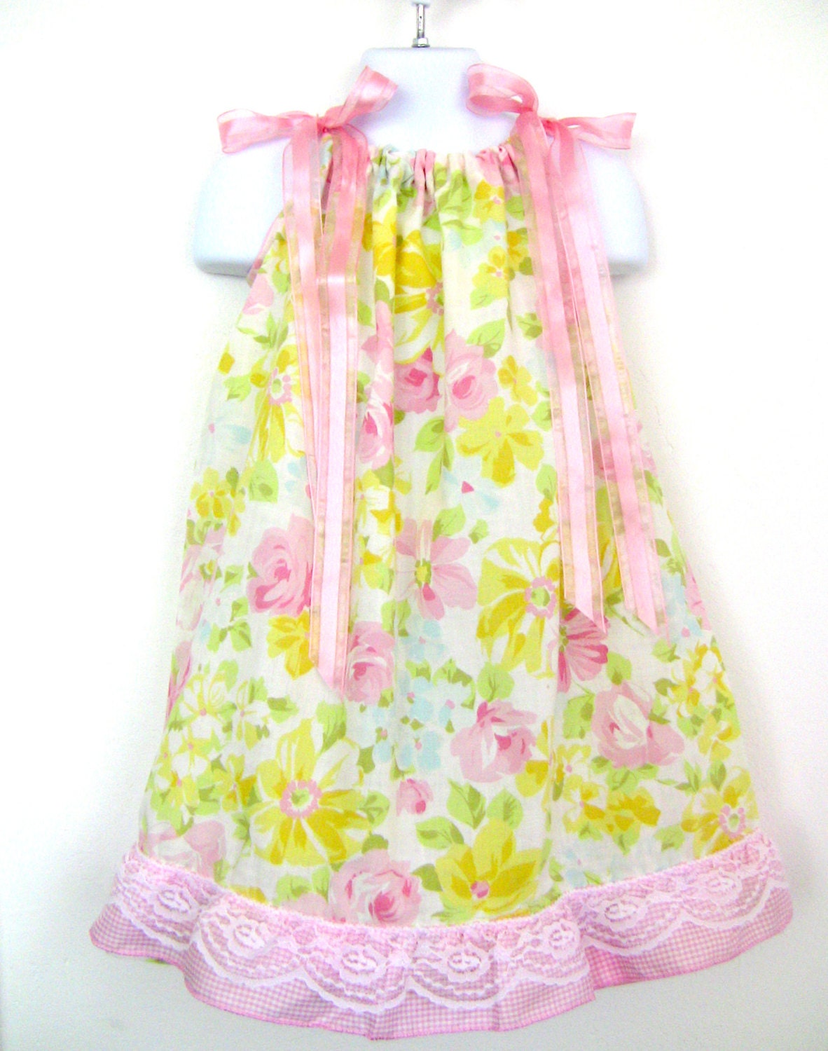 Vintage Pillowcase Dress - Pink Yellow and Blue Flowers with Sheer Pink Ribbon - Little Girls