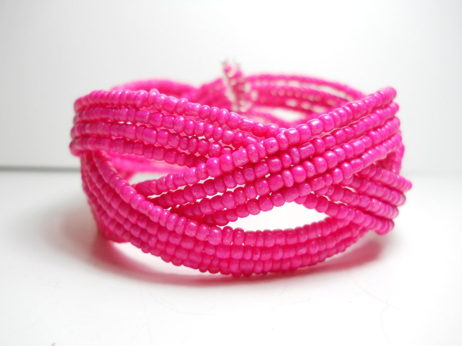 Braided Cuff Bracelet Hot Pink Beaded Cuff Bracelet