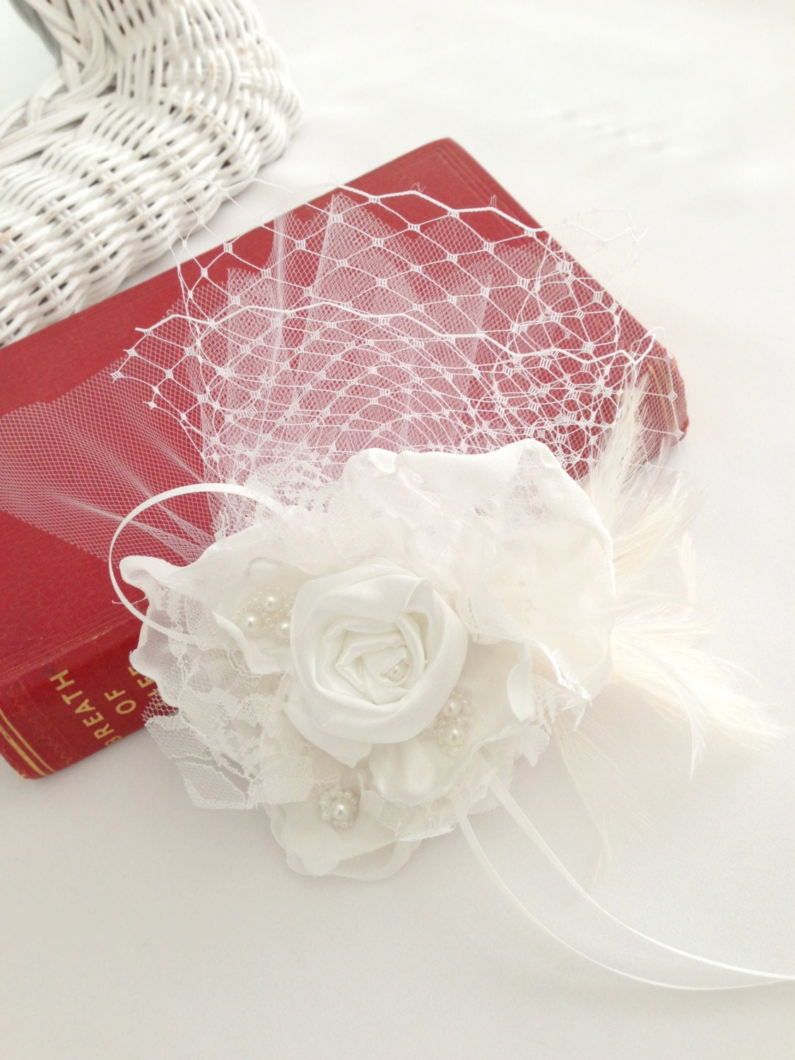 White Bridal Hair Piece, Lace / Feathers,  Millinery Netting, Wedding  Flower, Accessory,  Fascinator, Pin Included READY TO SHIP