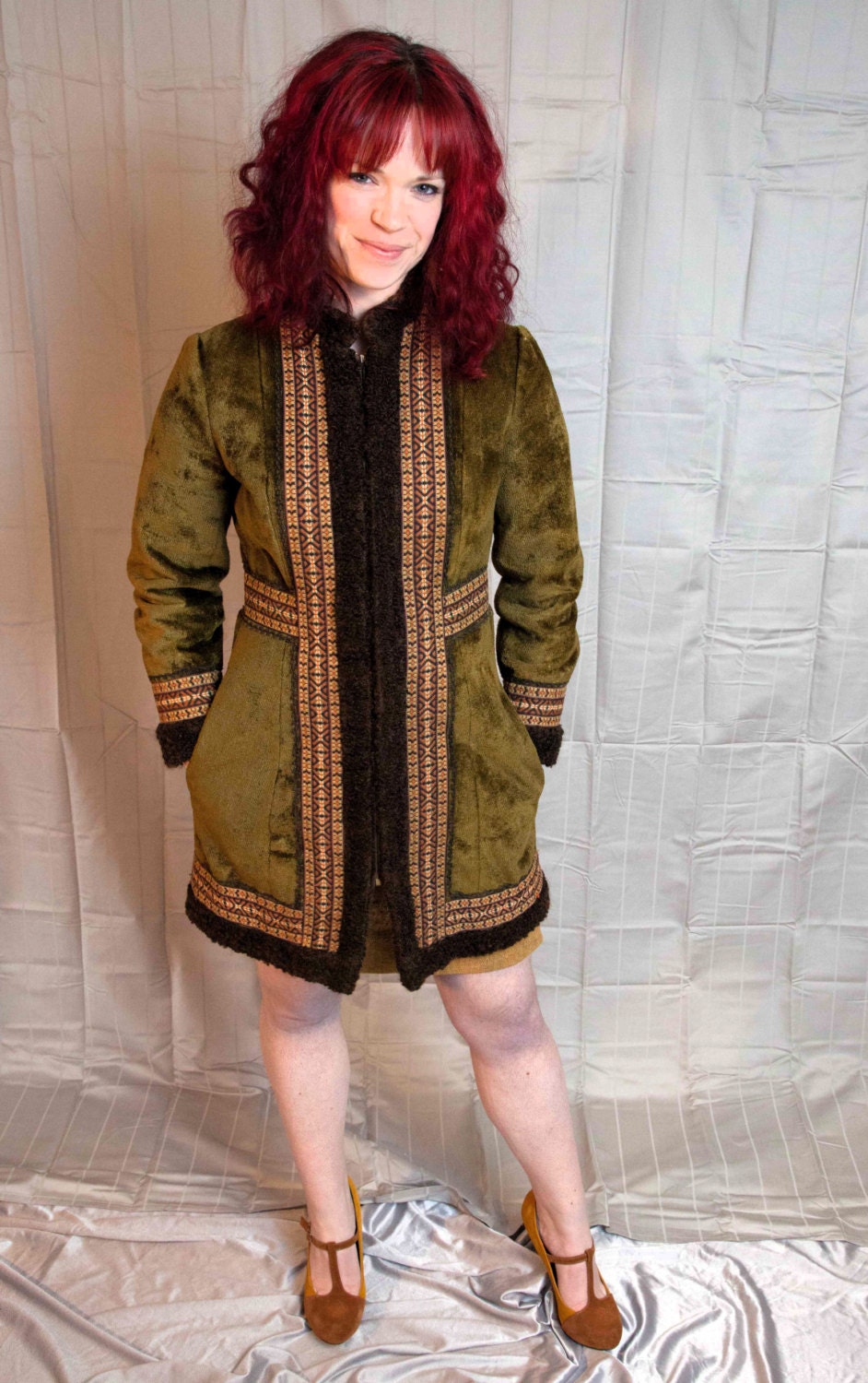 Moi To Moorland 1960s Vintage Forecaster Of Boston Moss Green Textile Tapestry Mod Shift Wiggle Jacket Coat Sz Medium / Small