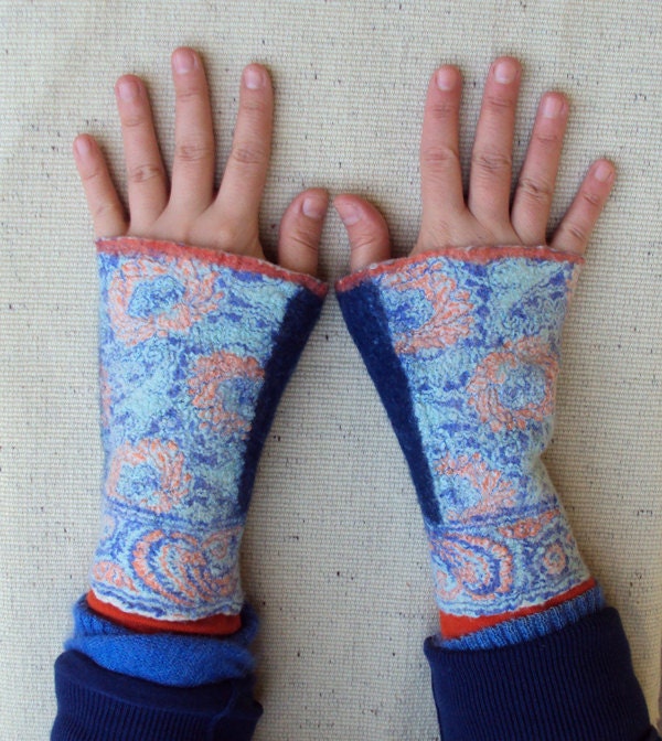 Indigo flowers - nuno felt arm warmers fingerless mittens wrists warmers arm cuffs fingerless gloves