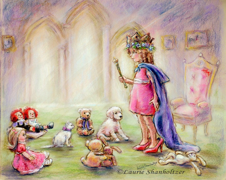 Princess girl original art decor painting purple green  lavender illustration pretend play 18x20 pastel