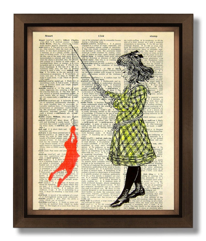 Little Fishing Girl - ORIGINAL ARTWORK hand painted art print on 8x10 Vintage Dictionary page, Dictionary art, Dictionary print, wall art