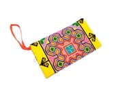 Geometric pattern, embroidery wristlet bag, Chinese embroiedery,bright yellow cross stitch bag, oriental, purse,wallet,gift for her