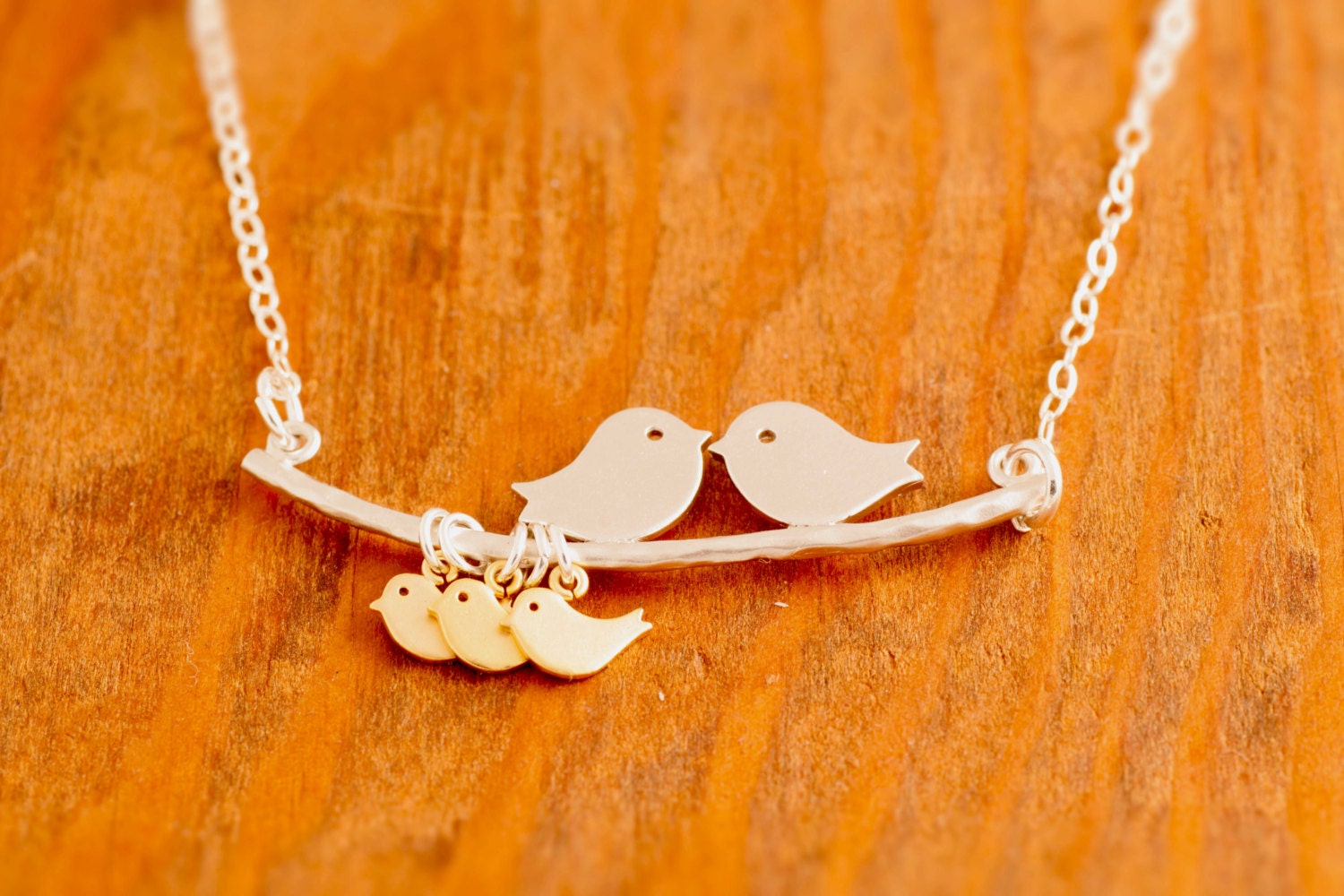 Love Birds Necklace - mom of triplets, gold baby, baby bird necklace, baby shower jewelry, mom necklace