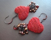 Crocheted Wire Heart Earrings hollow form with garnets n pearls