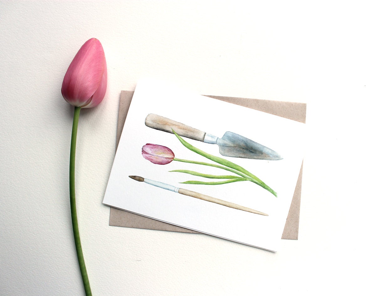 Gardening Note Card - Watercolor Painting, Trowel, Garden Tool, Paintbrush, Tulip, Flower, Floral Notecard, Botanical, Art Card, Pink Green