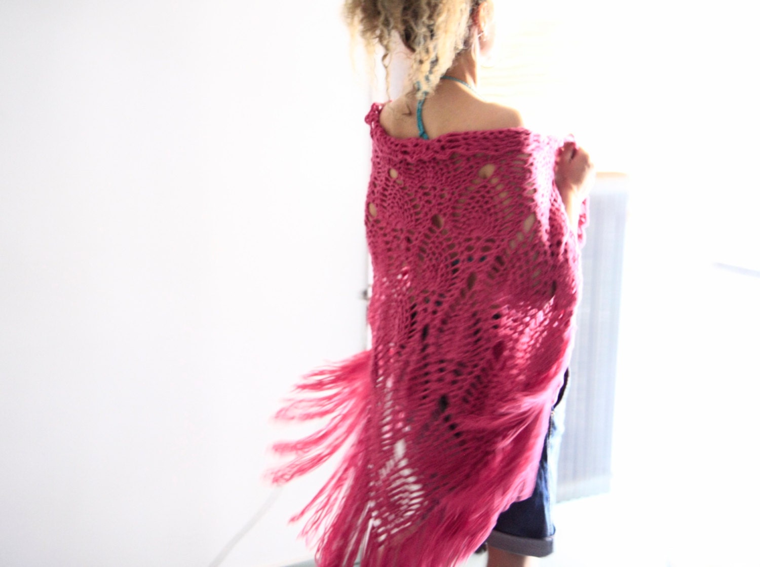Crochet shawl boho fashion fringe wrap in raspberry, Roxanne Shawl, under 100