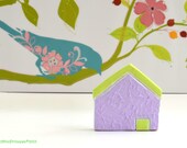 Miniature violet clay house, neon colors, spring summer home decoration