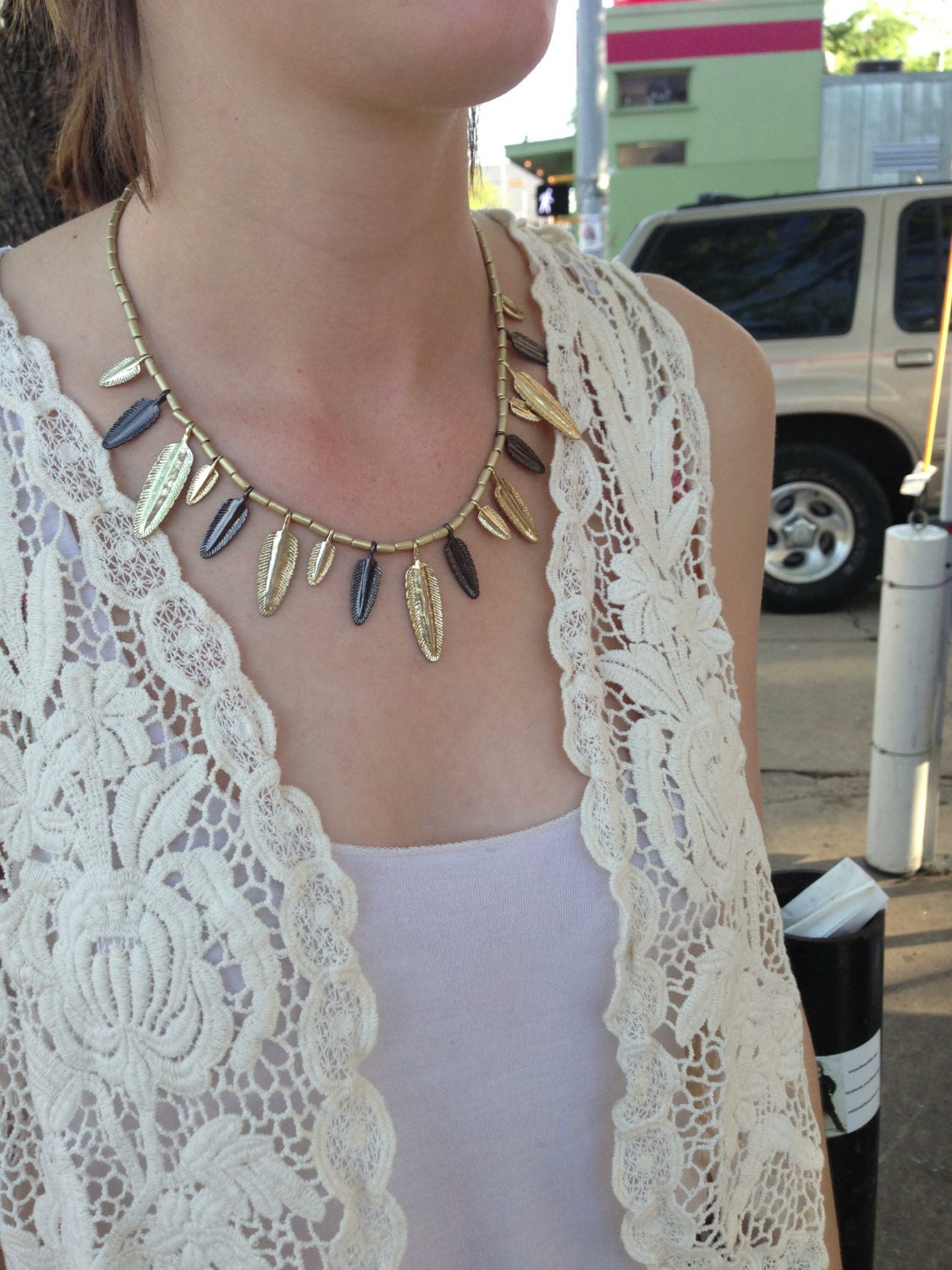 Two Tone Feather Statement Necklace