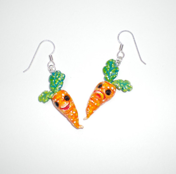 Happy & Sad Carrot Earrings on Sterling Silver Ear Hooks, Vegetable Jewelry, Orange Green