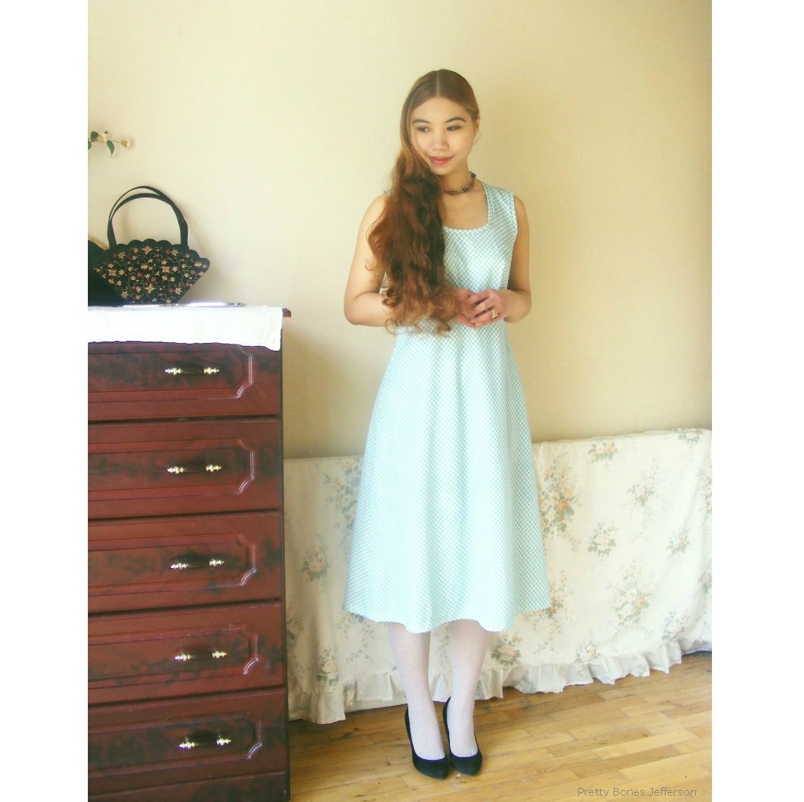 70s - mod green gingham dress / green mod dress / sleeveless summer dress / 60s style (M/L)