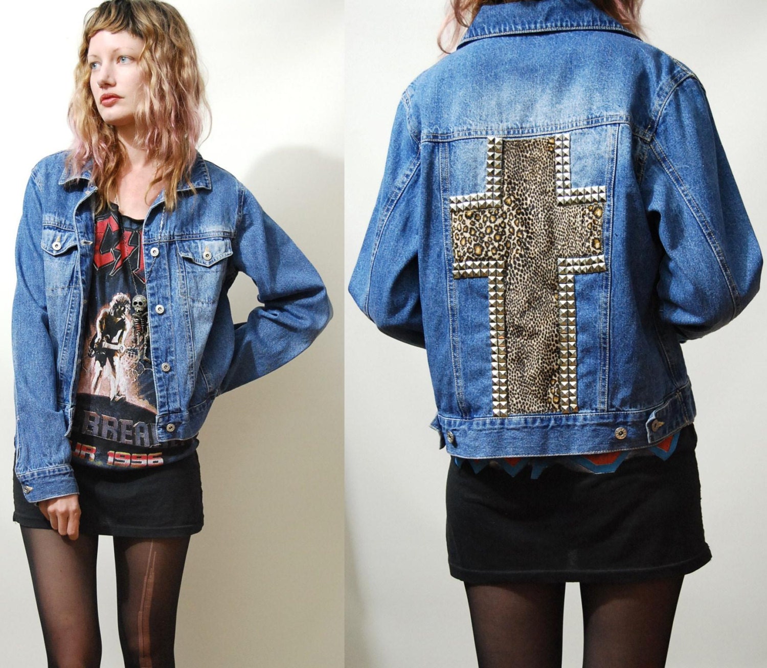 90s Vintage DENIM JACKET Studded Leopard Print Cross Crucifix Patch Velvet Grunge vtg slouchy Oversized Punk Stud Spike xs s m