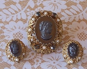Beautiful Vintage Brooch and Earrings Black Cameos Rhinestones and Pearls West Germany