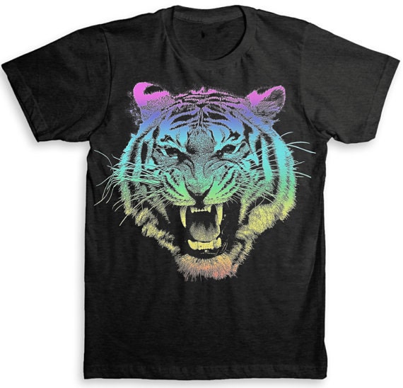 Tiger T Shirt (80's Rainbow Design) - Tri-Blend Vintage Fashion - Graphic Tees for Men & Women