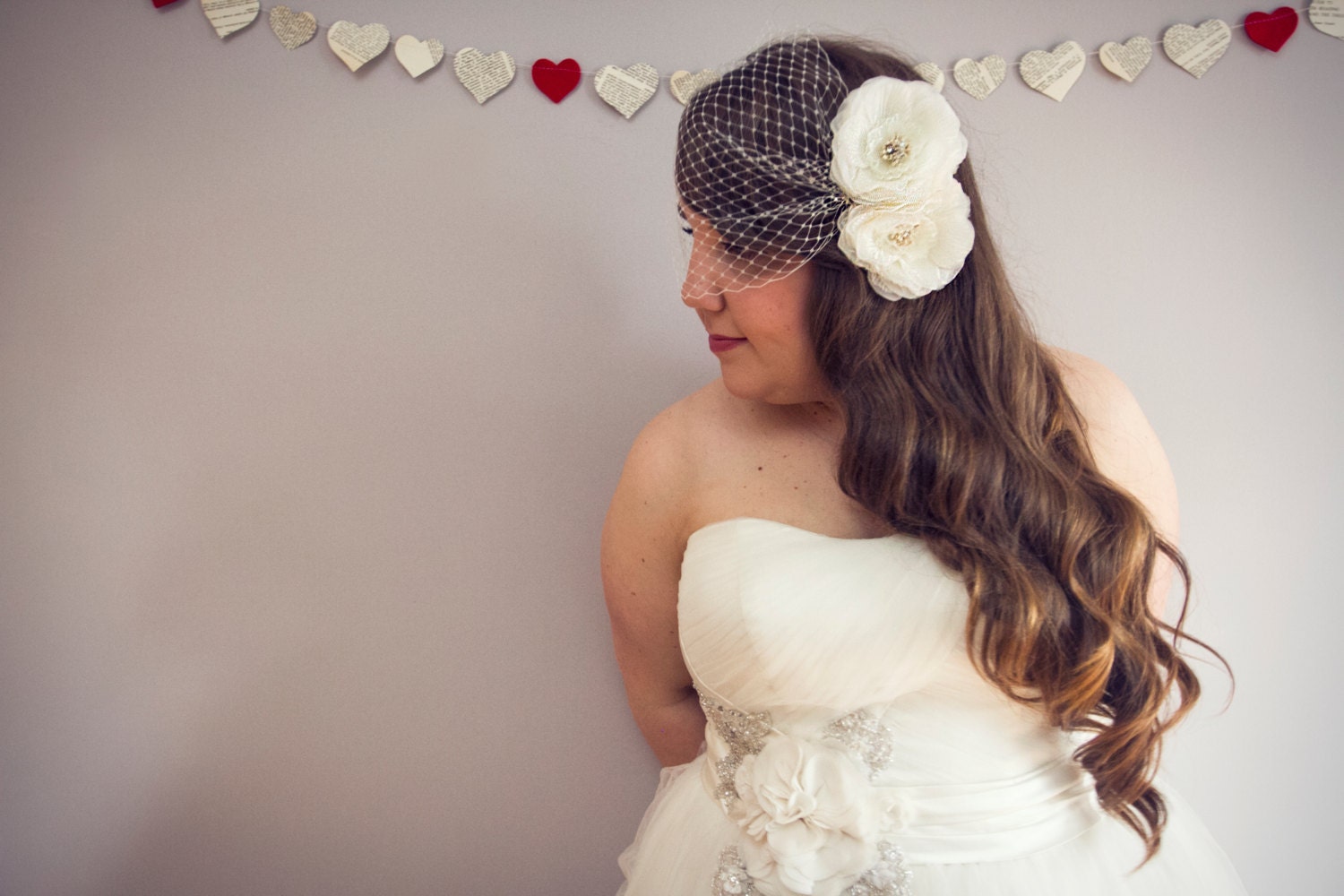 double floral bridal veil- birdcage- wedding veil- bandeau veil
