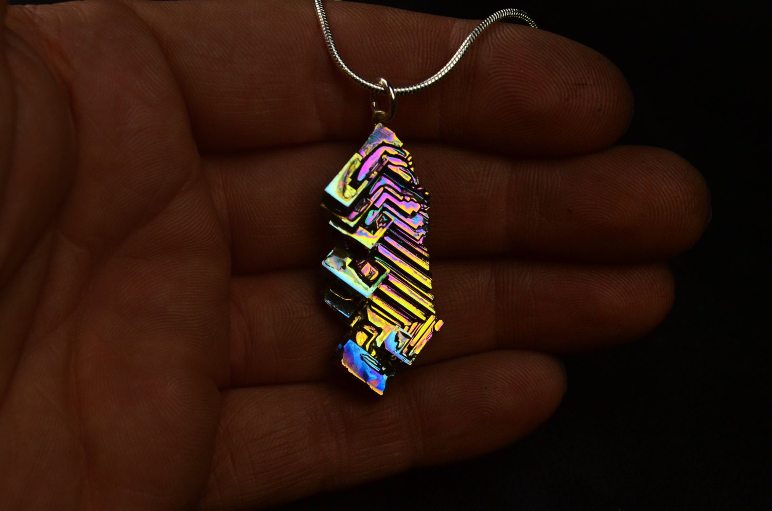 Color Slide, Iridescent Bismuth Metal Crystal and Sterling Silver Pendant on Leather or Silver Plated Necklace, Fractal, Jewelry