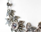 CLEARANCE Nocturnal Woodland Bird's Nest Statement Necklace - Romantic Silver Leaf Branch Jewelry - Peacock & White Freshwater Pearls