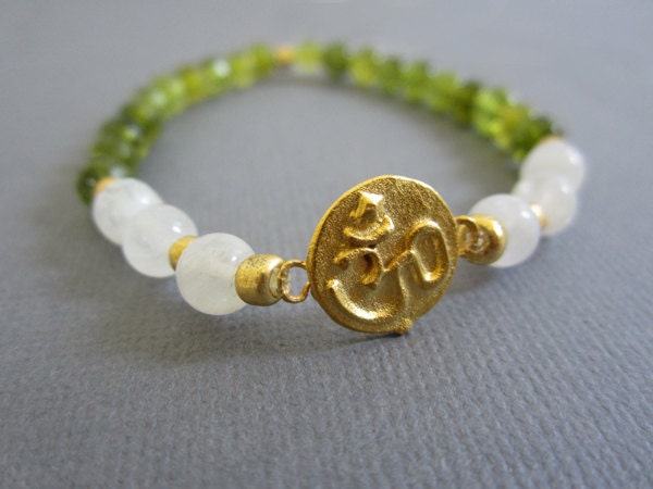 Ohm Charm Bracelet, Buddhist stretch bracelet, Yoga meditation jewelry, Peridot and moonstone beaded bracelet