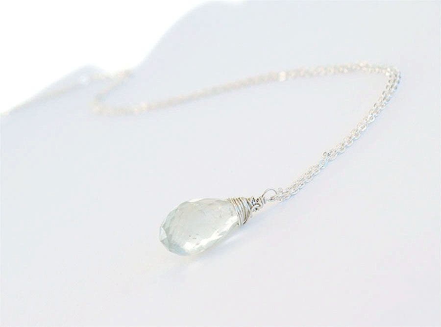 Green Amethyst Necklace - Solid Sterling - Glowing Genuine Prasiolite Briolette on Sterling - Mint Necklace, February BIrthstone