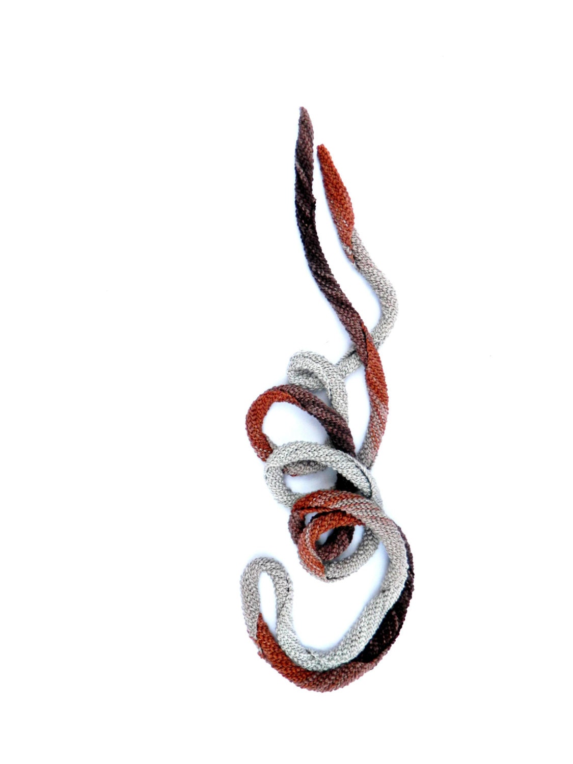 SALE: 20% OFF Pippi's Brown Terracotta Grey Bamboo Spiral Skinny Scarf, Crochet Necklace, Spring, Summer, Fall, Autumn, Fashion, Unisex