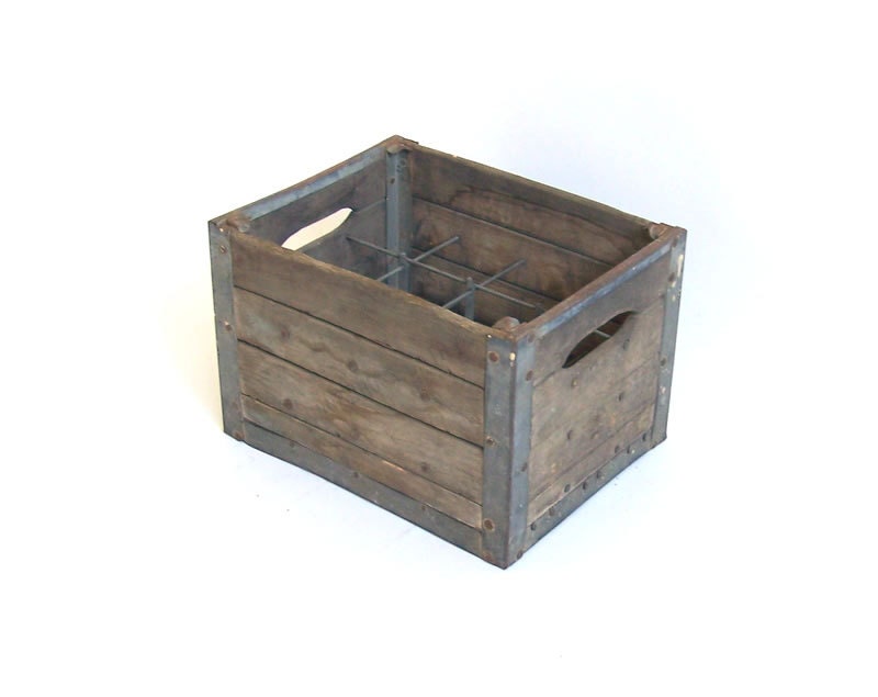 Vintage Milk Crate Case Box Slotted Storage Organizer Galvanized Metal Oak Wood Slats Slabs Weathered Rustic Primitive Industrial Home Decor