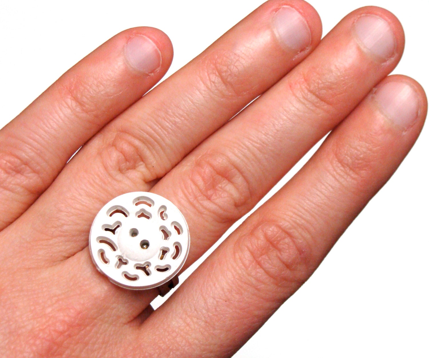 Pierced White Ring, Vintage Cut Out Button Jewelry, Nickel Free Adjustable Ring, Small Retro Cocktail Ring, Eco Neutral - "Paper Lace"