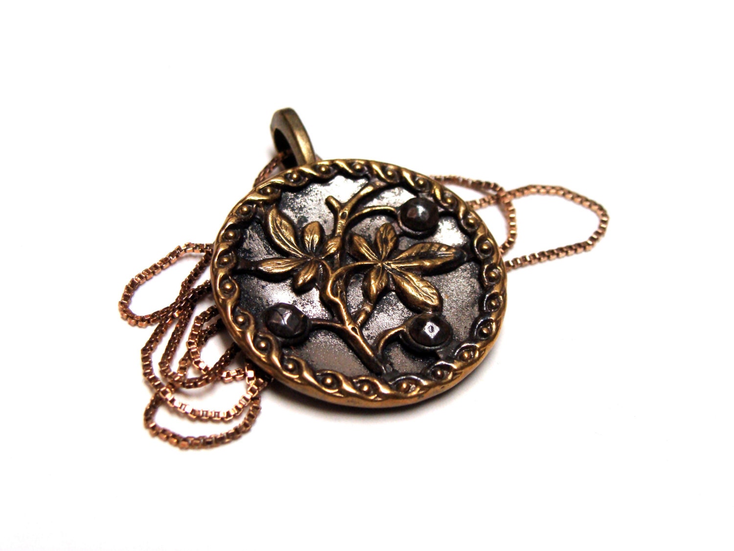 Button Pendant, Antique Twig & Berry Jewelry, Framed Floral Necklace Pendant, Parisian Charm, Brass Pewter Cut Steel - "Tea in the Orchard"