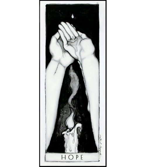 Hope- Hands protecting candle flame illustration - ink brush painting-  8.5 x11 archival art print