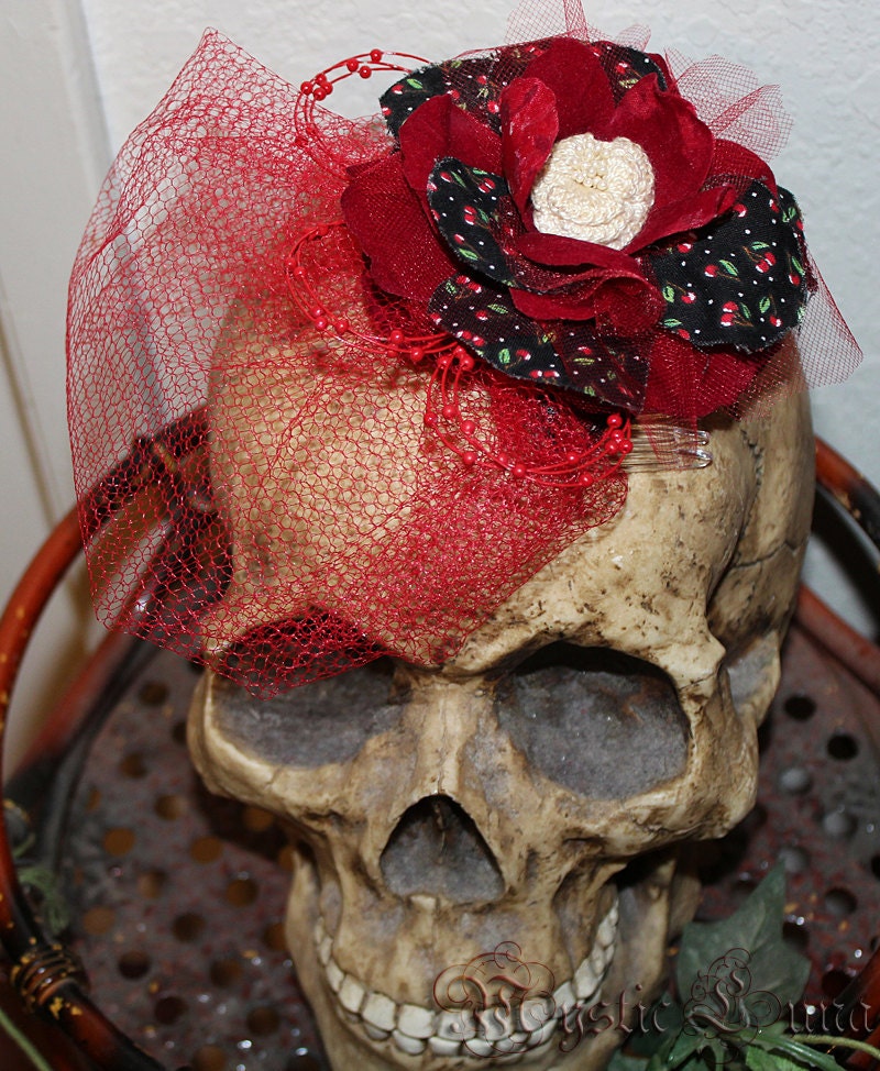 Madame Cerise - Red Veil - Fascinator - Cherry Velvet - Haircomb - Hair Flower - Hair Accessory