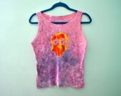 SKELLA Skull Silkscreen Hand Printed Tank Top Sleeveless Cutoff Tee / Pink Purple Splatter Dyed Upcycled Cotton T Shirt / Women's Size S-M