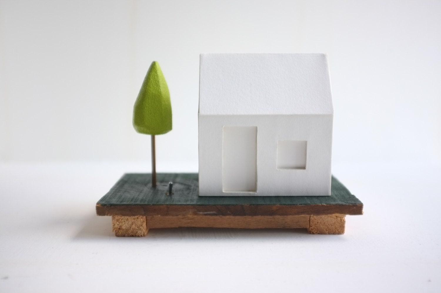 Ghost house - miniature paper house night light - hunter green base with chartreuse tree