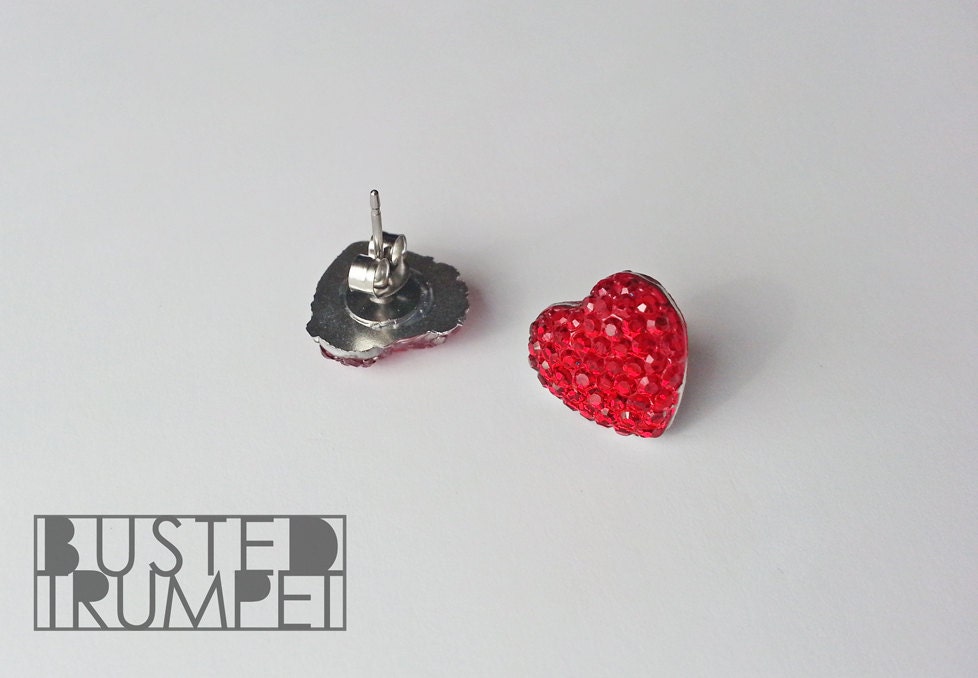 Rose Red Heart Rhinestone Cluster Earrings - Valentine - Wedding Bridal Party or Bride - Surgical Steel Posts