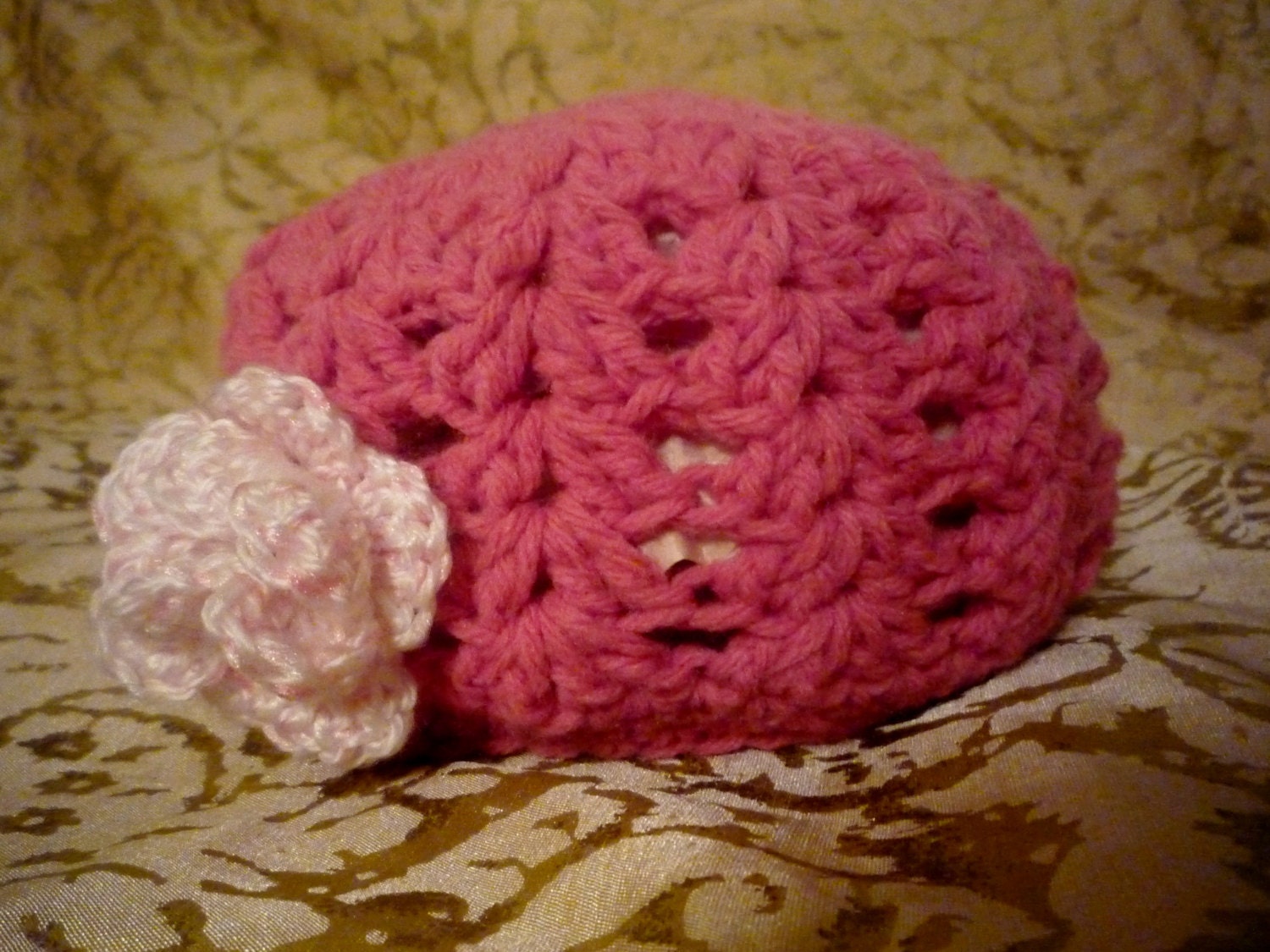 Baby 3 to 12 Months Pink Crochet Girl's Beanie Hat Cap with Flower Handmade, Light Pink, Hot Pink