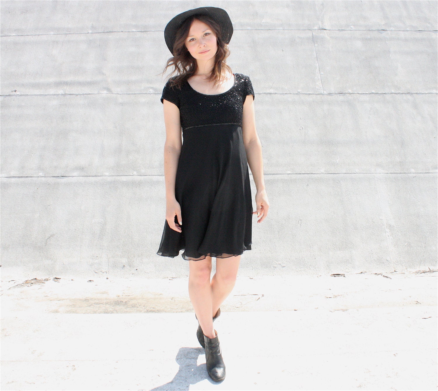 Vintage Black Beaded Babydoll Silk Prom Dress