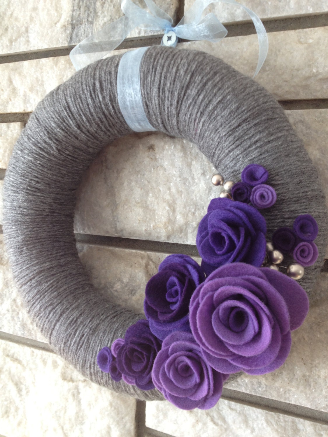 Yarn Wreath Handmade Felt Decoration-12" Grey and Purple Wreath