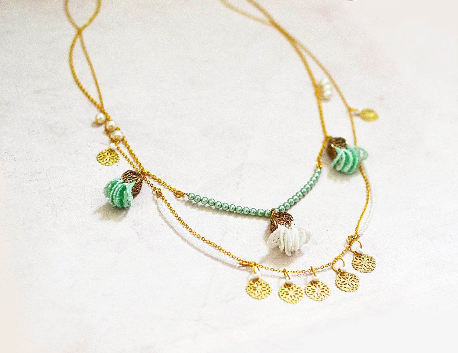 Layering Necklace - Fiber Necklace - Multi Strand Necklace - Handcrafted Necklace - Summer Necklace - Beach Boho - Flower Charm Necklace