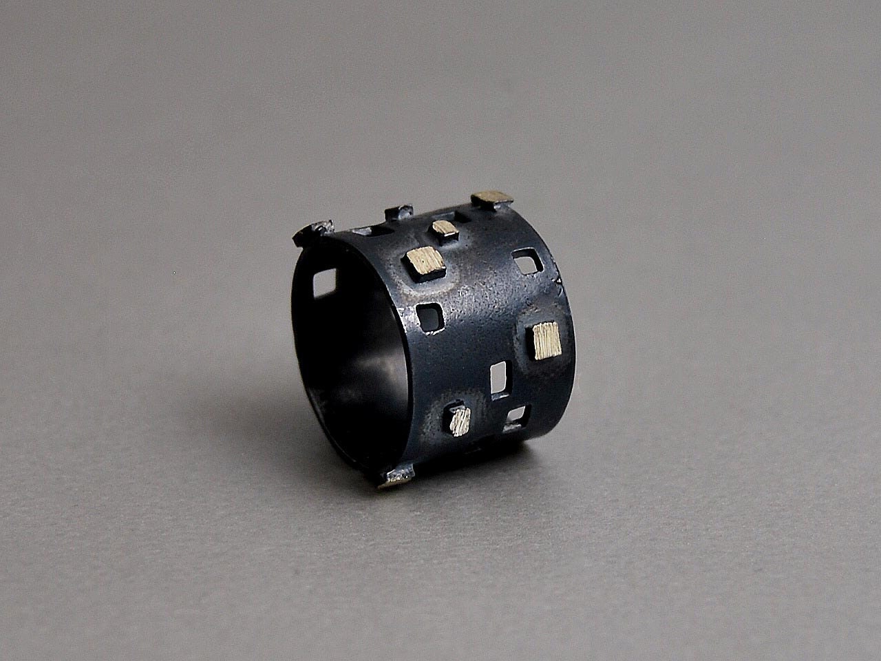 Rock Dark Open Ring Oxidized Sterling Silver Abstract Geometry Shape Little Cube Holes Scratched Texture Silver Details Minimal Worn Art