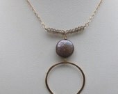 Smokey Quartz, Freshwater Pearl and Handhammered Gold Circle