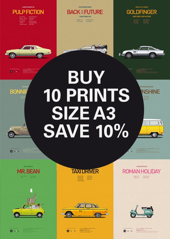 Discount Set - Movie posters - Any 10 Prints A3 - Save 10% - Size A3 - Carsandfilms