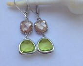 Green Jonquil and Peach Crystal Silver plated earrings - Chalcedony Earrings - Gemstone Earrings - Dangle Earrings - Drop Earrings
