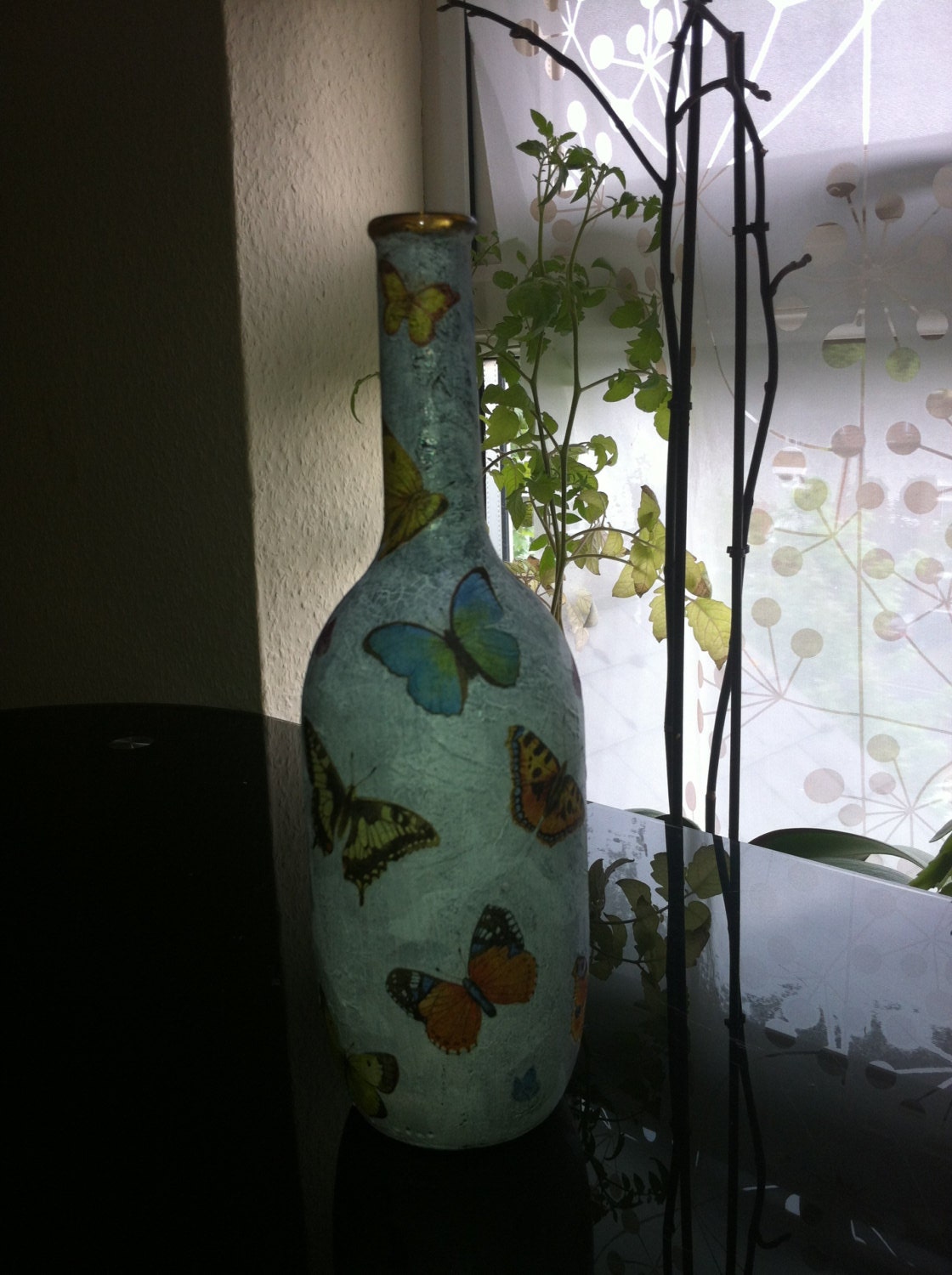 Butterflies decorative bottle, decoupaged, aged, unique