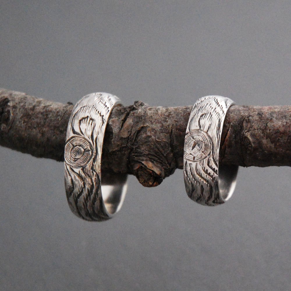 matching SET woodgrain wedding ring KNOTTY PINE sterling silver Made to Order