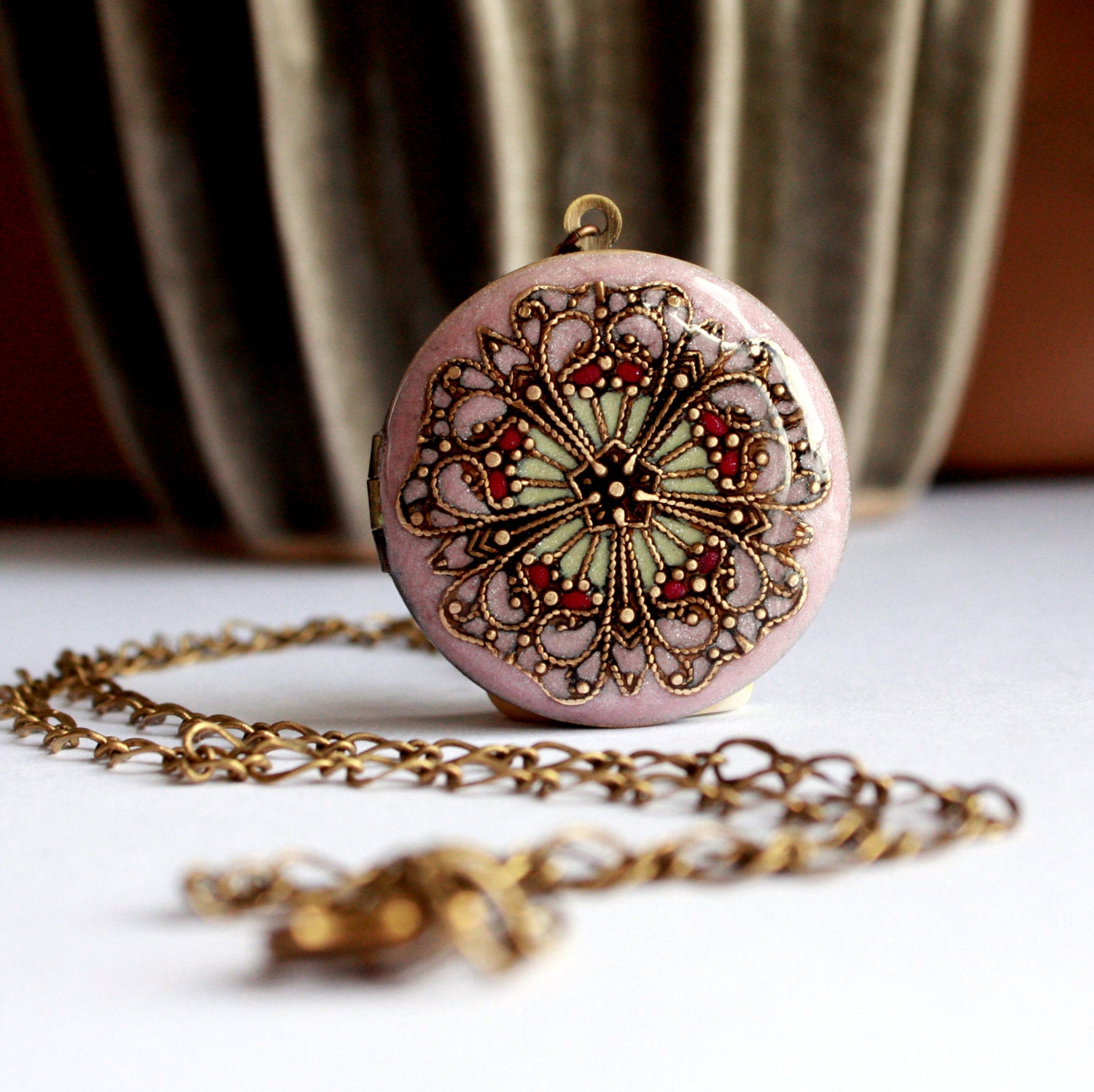 Locket Necklace / Wedding Locket / Pink / Filigree Locket / Brass Locket / Bridal Necklace