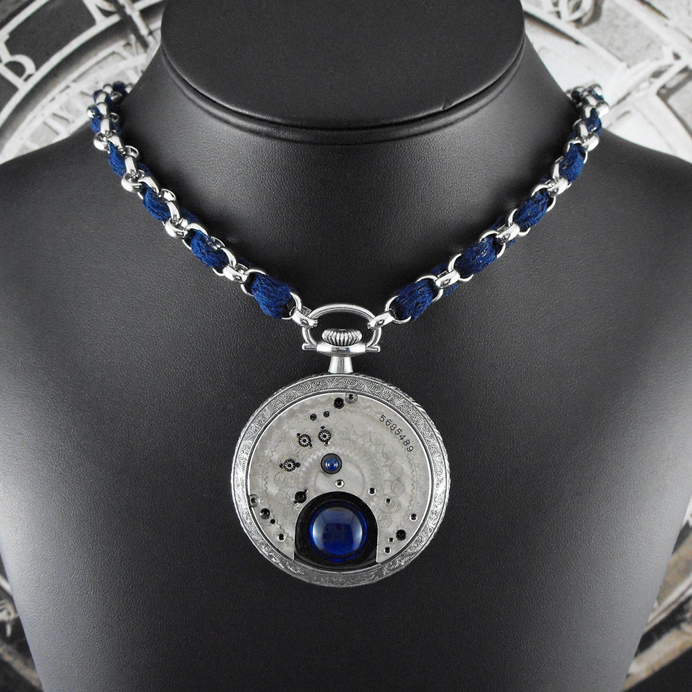 Blue Lace Silver Pocket Watch Necklace - Unlocking the Steamy Blue Depths of Luxury by COGnitive Creations