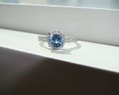Halo Blue Spinel Diamond Ring Gemstone Engagement Ring Custom Round Double Band Halo Setting 10K White Gold size 6.5